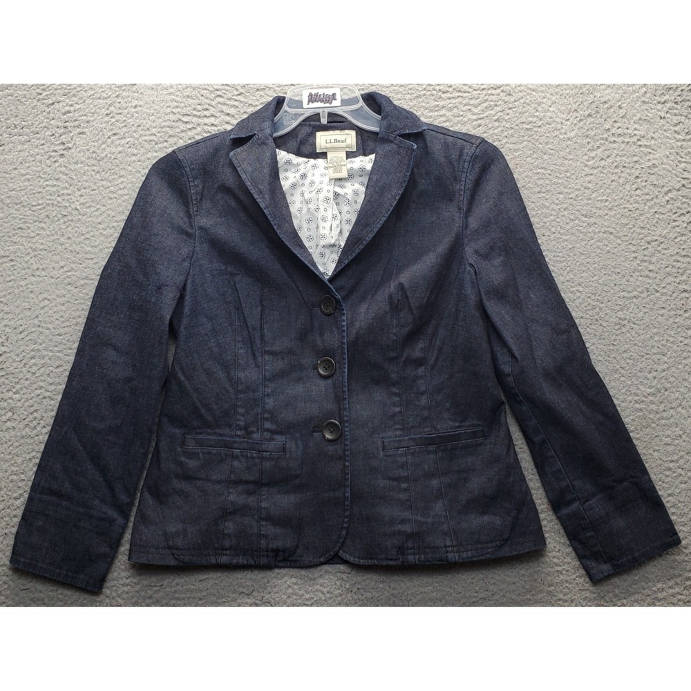 L.L. Bean Denim Blazer Jacket Womens Petite 8P Blue Single Breasted Notch Lapel